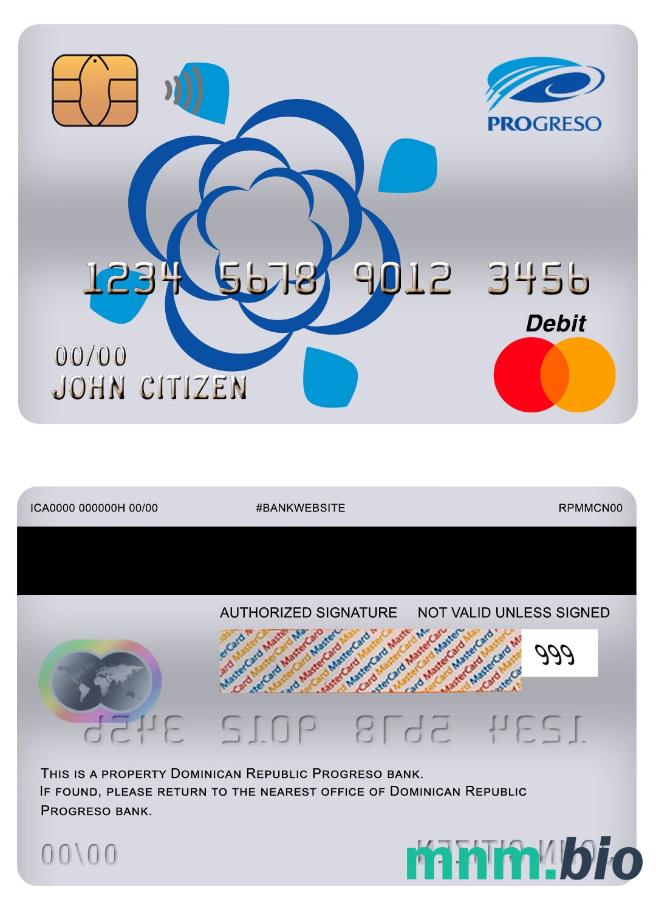 Dominican Republic Progreso bank master debet karta przykład w formacie PSD
